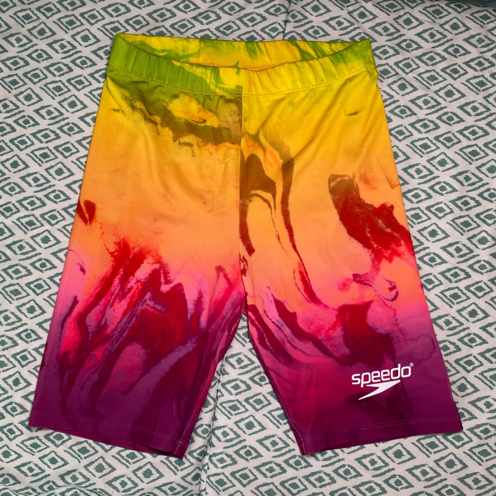 Speedo X Forever 21 Rainbow Tie Dye Ombré Long Biker Shorts Size M
